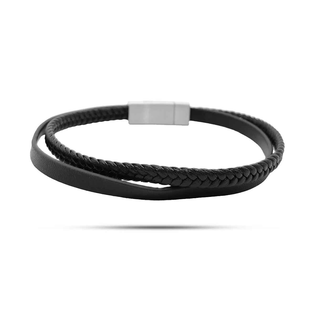 Pulsera Acero Inox Piel Negra Dos Tiras Trenzada y Lisa