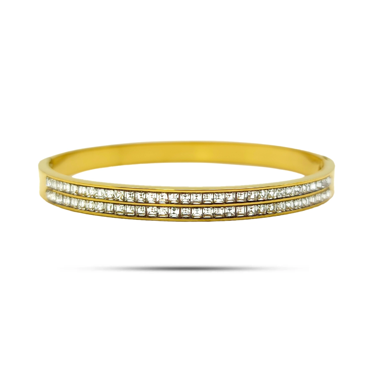 Pulsera Acero Dorado Doble Fila de Cristales Cuadrados