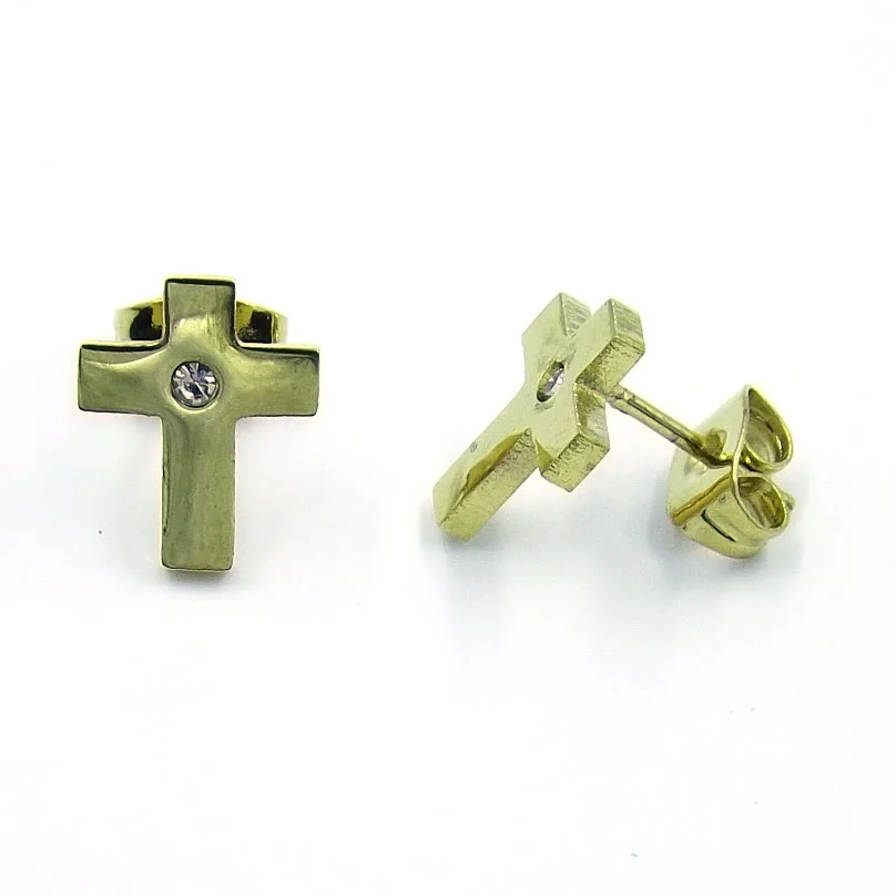Aretes tipo Broquel Dorados Cruz Recta con Cristal