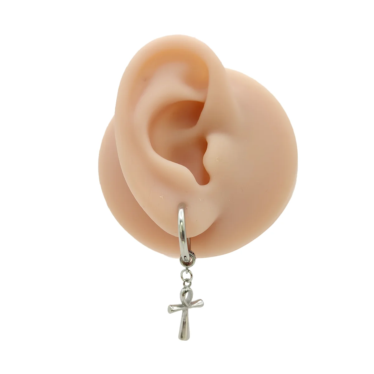 Piercing de Oreja Acero Plateado Cruz Egipica Huggie