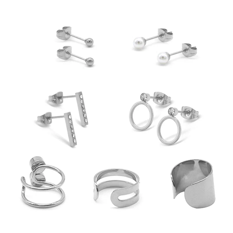 Set de Aretes Broquel Ear Cuff Acero Inoxidable Plateado