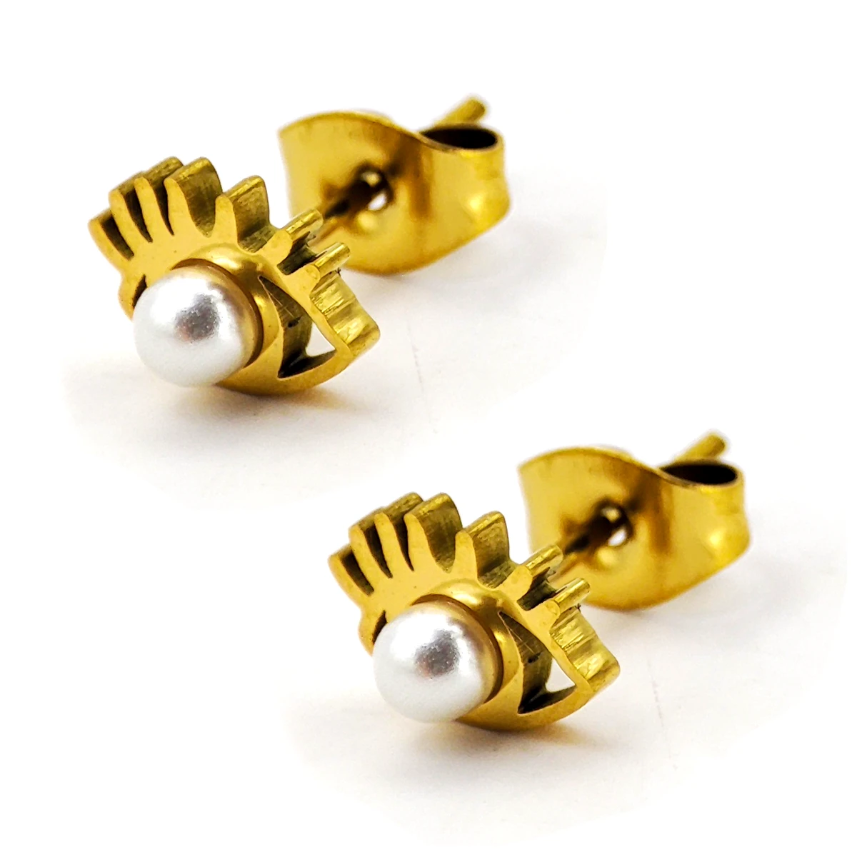 Set Aretes Acero Dorado Broqueles Ojo Pupila Perla Bolita