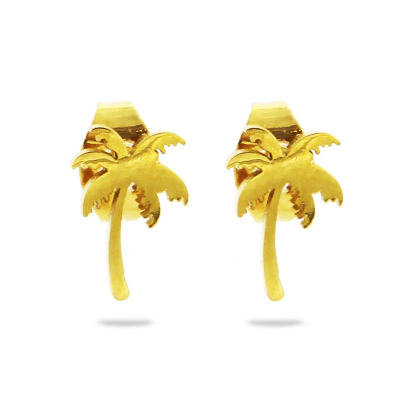 Aretes Tipo Broquel Acero Inoxidable Dorado Palmeras