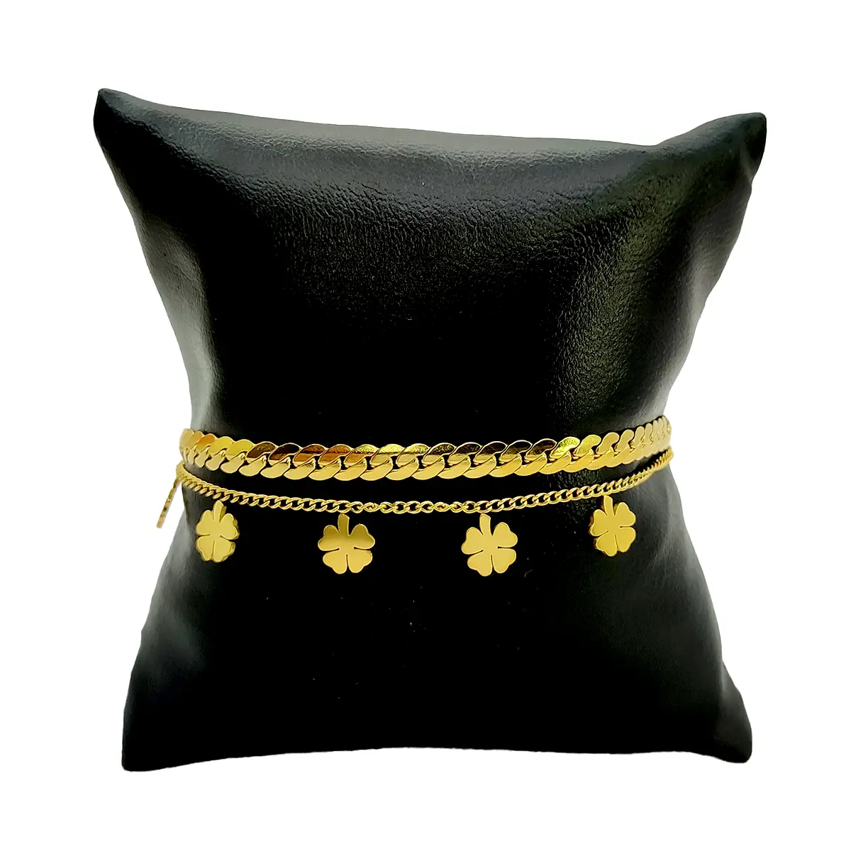 Pulsera Acero Dorado Doble Planchada Cubana Trebol