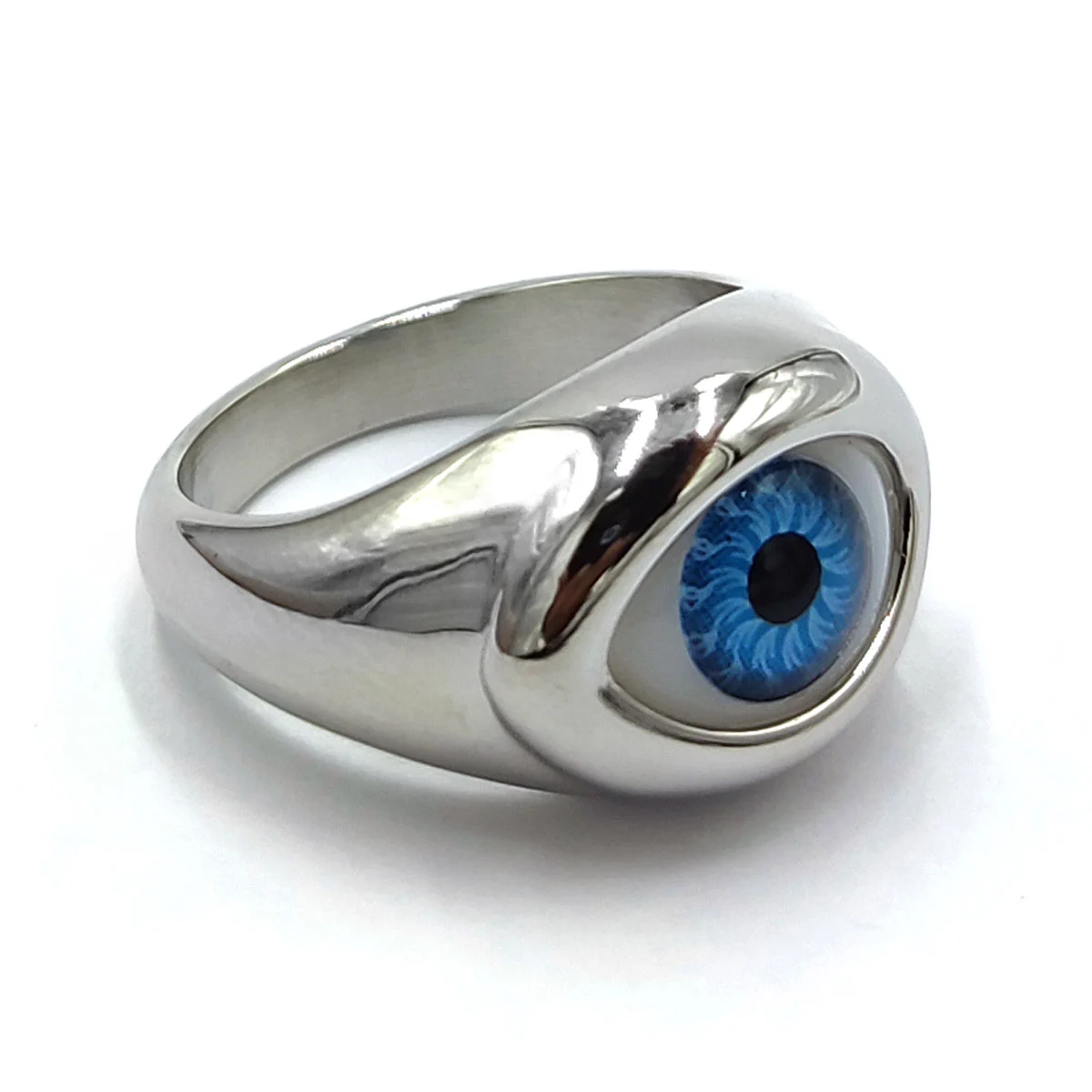 Anillo Acero Inoxidable Plateado Ojo Azul Realista