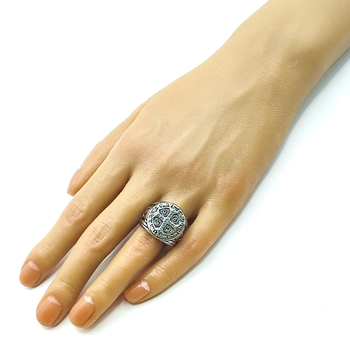 Anillo Acero Plateado Hombre Cruz San Benito Proteccion