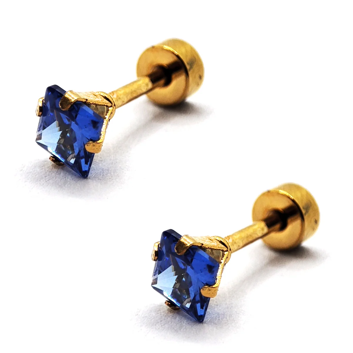 Aretes Acero Inox Dorado Tipo Broquel Cuadrado Azul