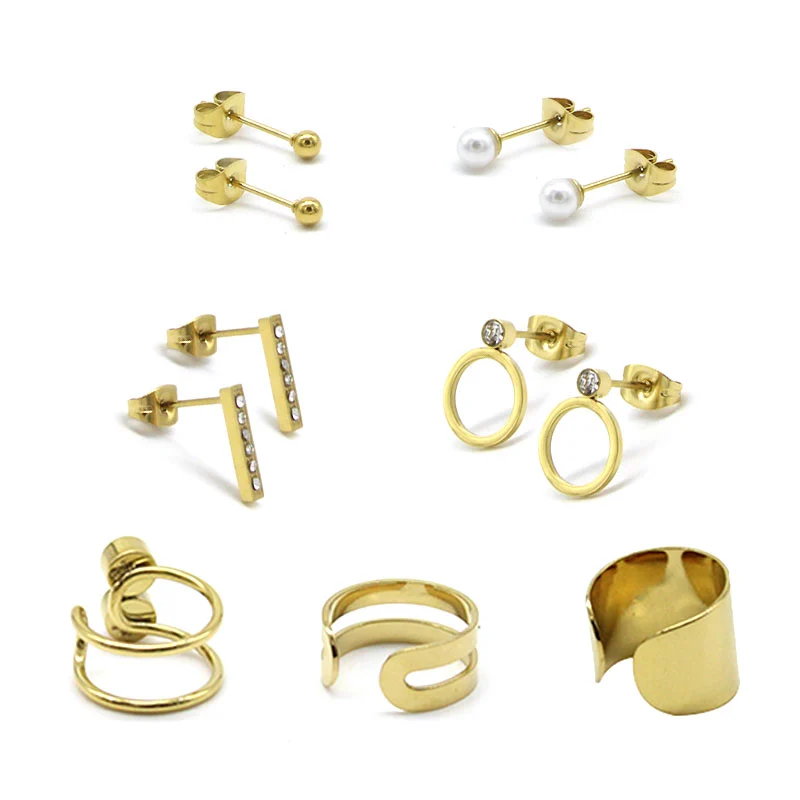 Set de Aretes Broquel Ear Cuff Acero Inoxidable Dorado