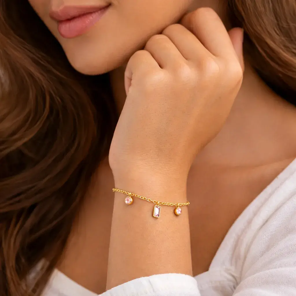 Pulsera Acero Dorado Delgada Cristales Rosas Mini Balines
