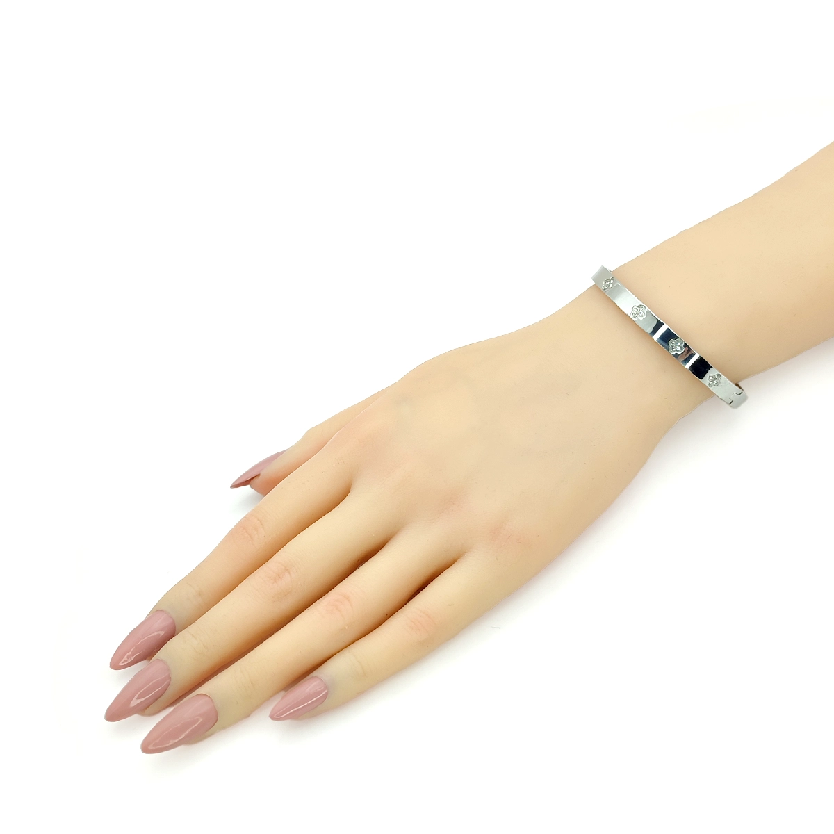 Pulsera Acero Plateado Brazalete Rigido Trébol Cristales