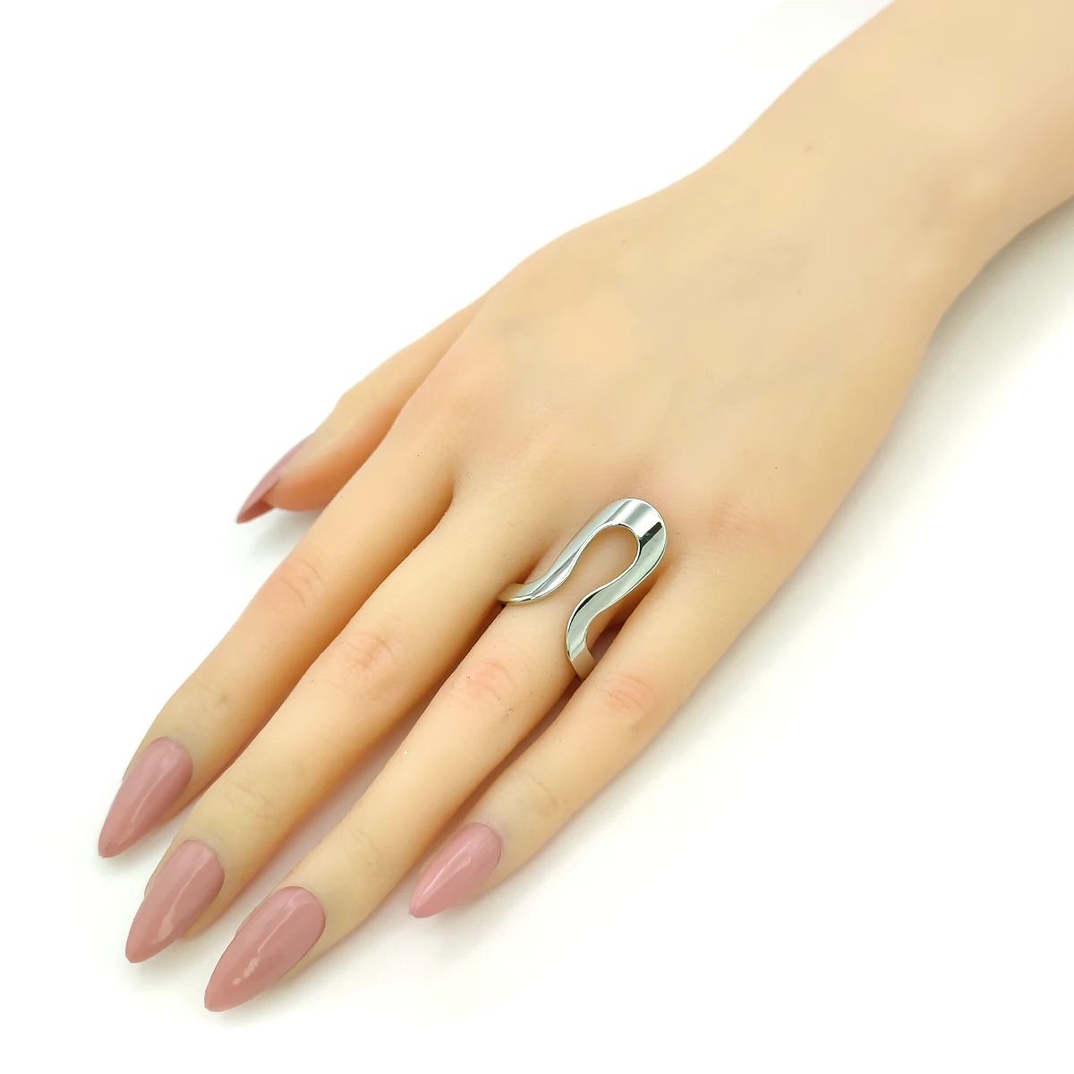 Anillo Acero Inox Plateado Contorno Gota Largo Ajustable
