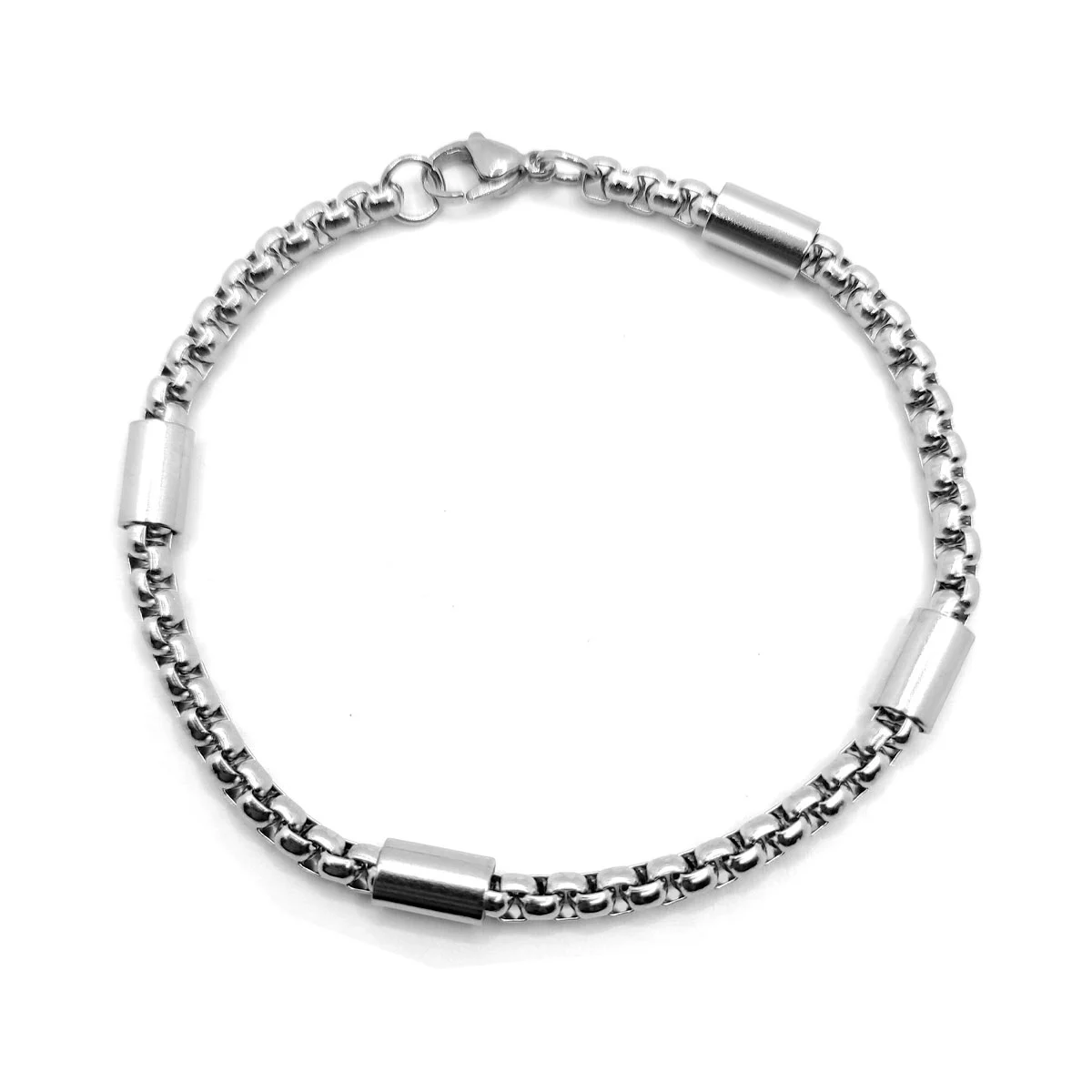 Pulsera Acero Inox Plateado Cadena Redonda Cuenta Tubular