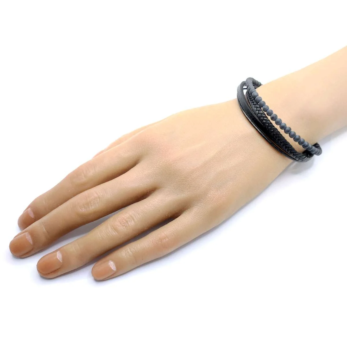 Pulsera Acero Dorado Hombre Caucho Y Piel Cuádruple Negro