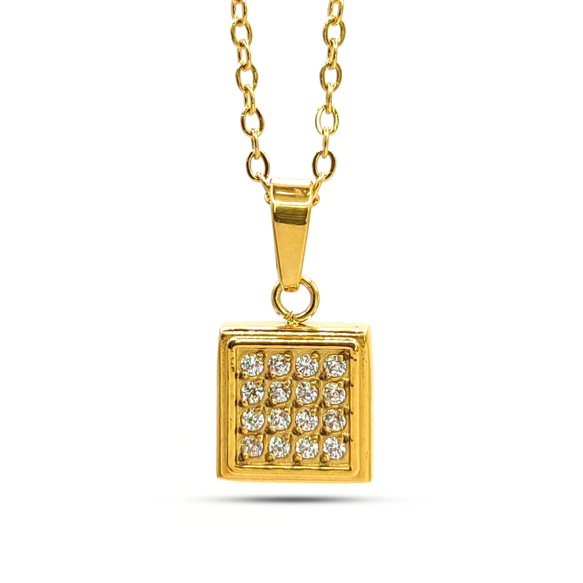 Collar Acero Dorado Mini Cuadrado Cristales Elegante