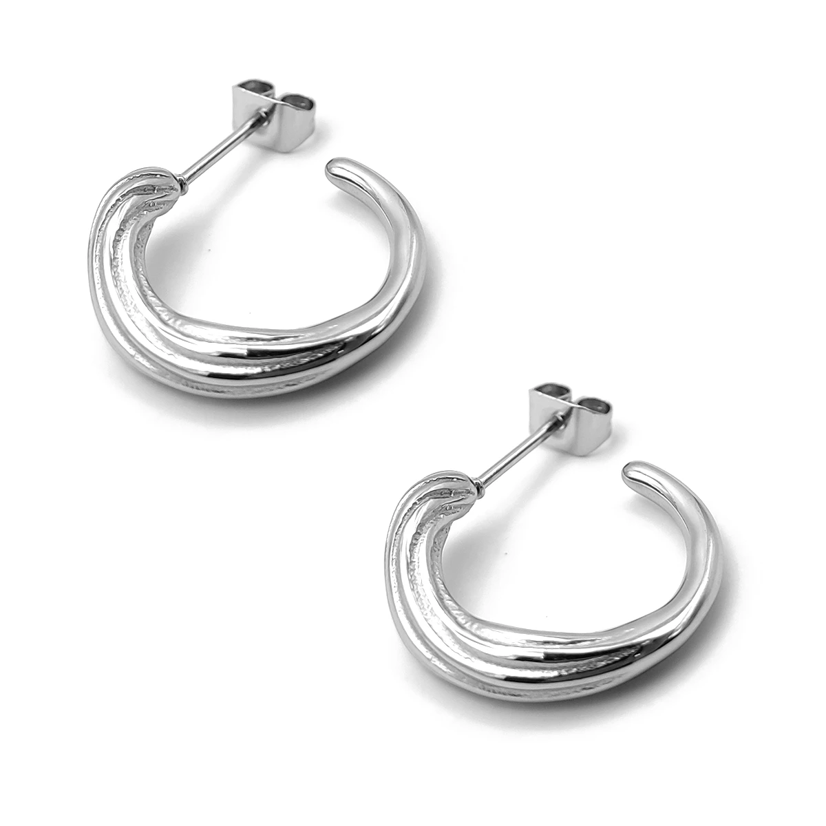Aretes Acero Plateado Arracada Acanalada Diseño Irregular