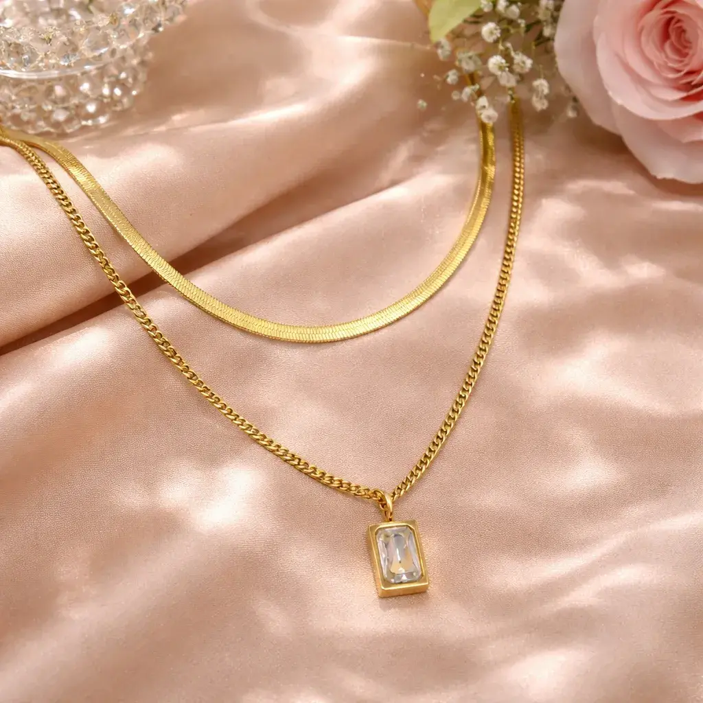 Collar Acero Dorado Doble Planchada Cubana Zirconia