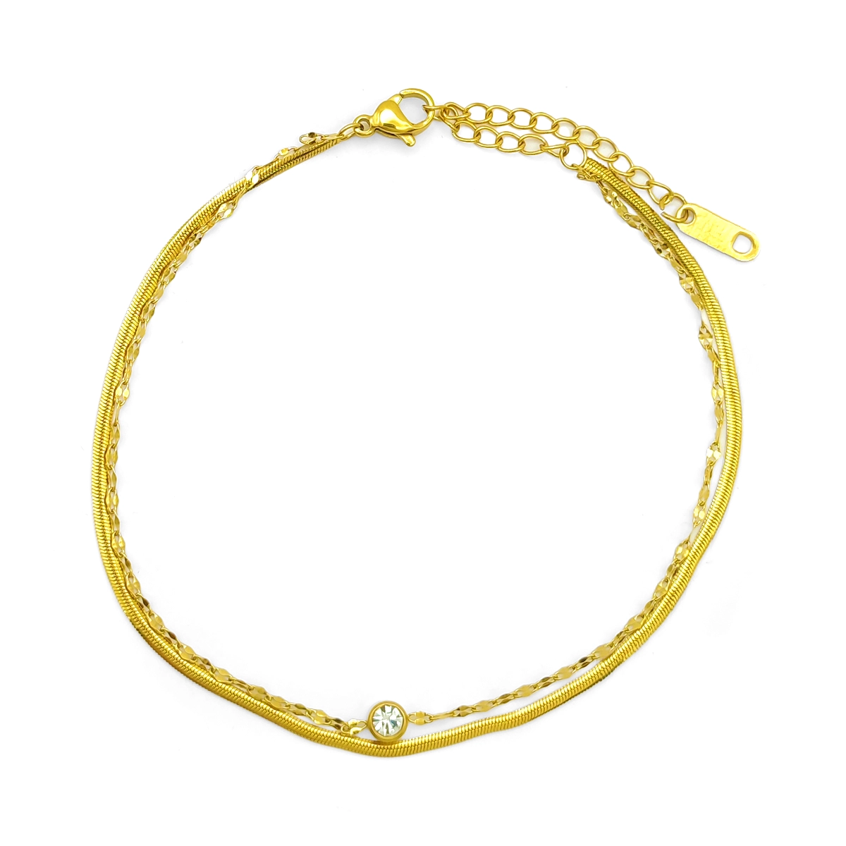 Tobillera Acero Dorado Doble Planchada Petatillo Cristal