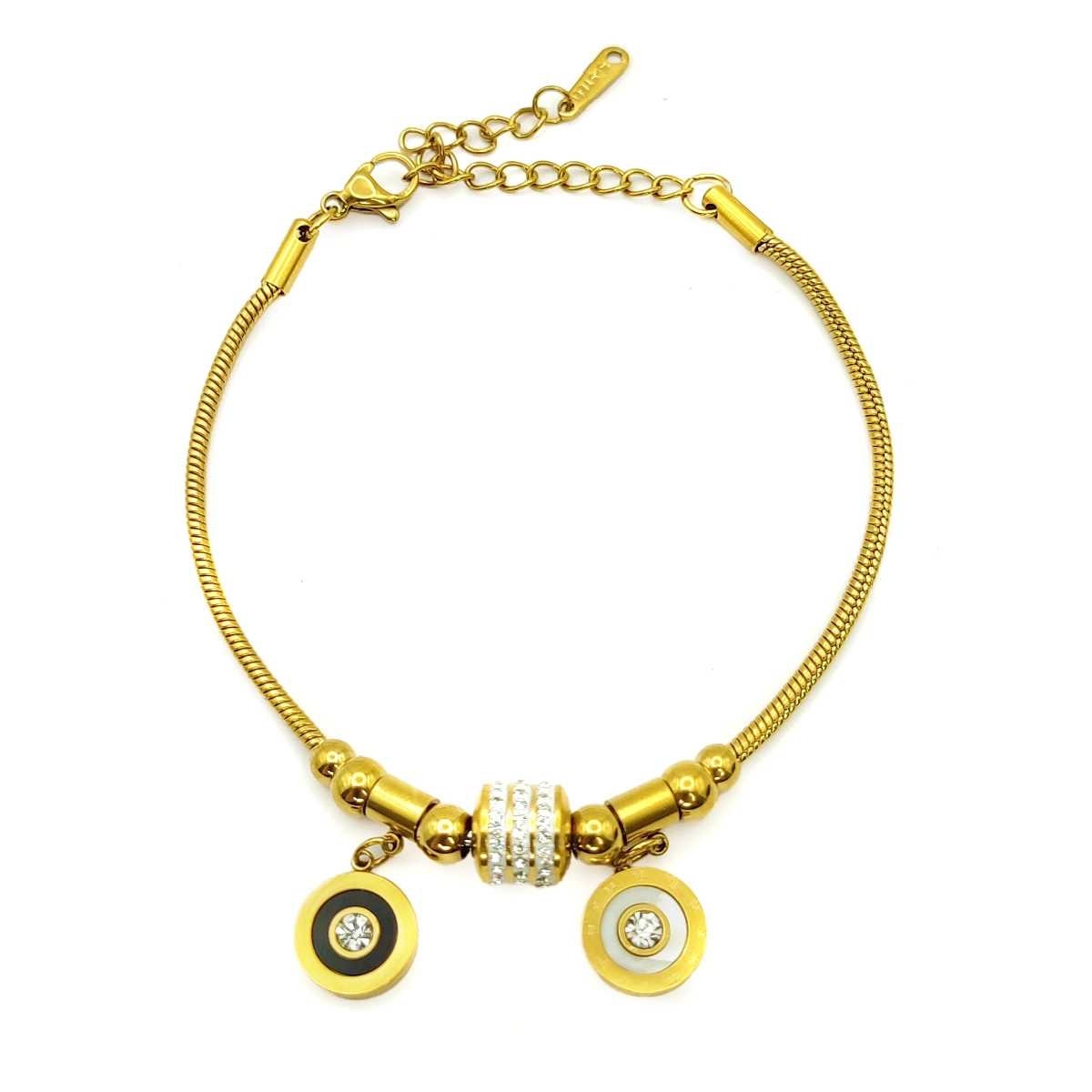 Pulsera Acero Dorado Cola de Rata Circulo Madre Perla