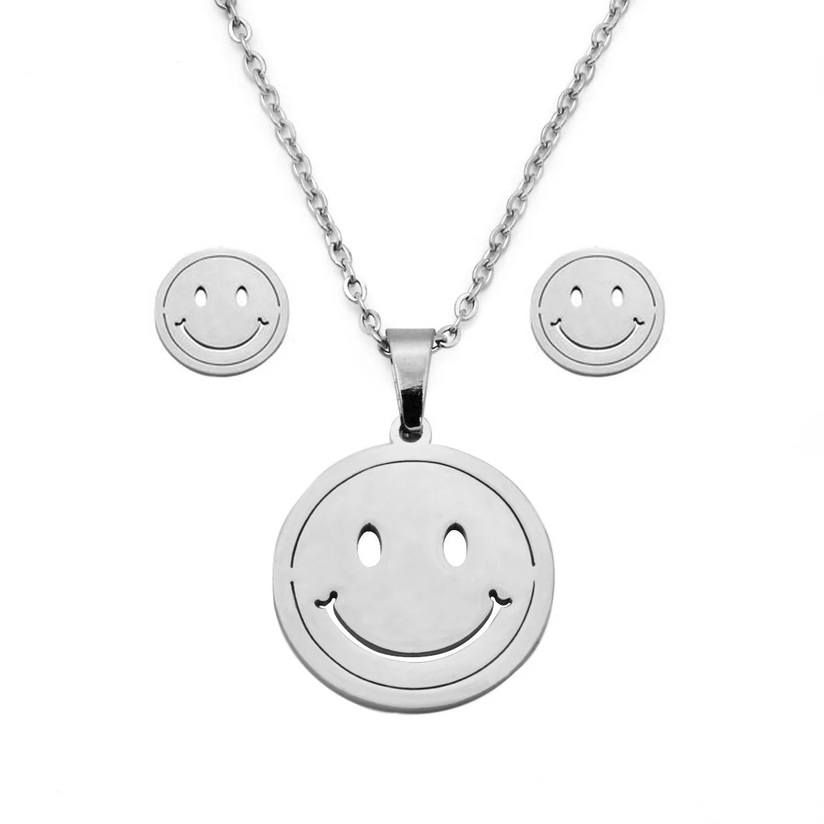 Set Joyeria Acero Plateado Happy Face Cara Feliz Lisa