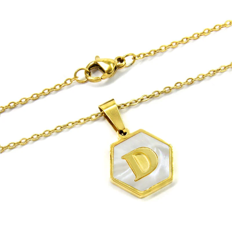Collar Acero Inox Dorado Hexagonal Letra D Madre Perla