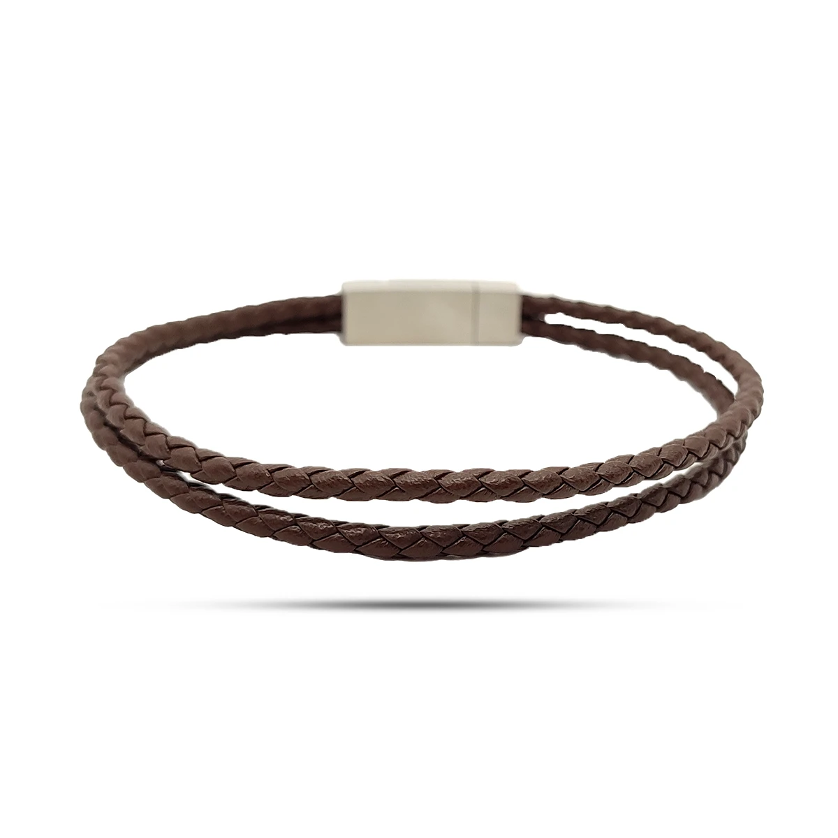 Pulsera Acero Plateado Piel Dos Tiras Trenzadas