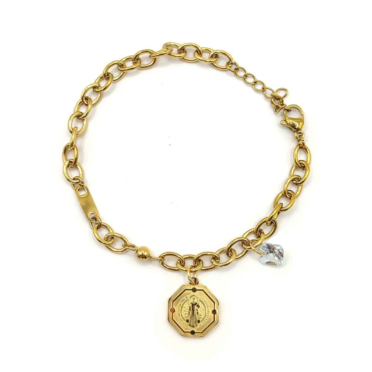 Pulsera Acero Inox Medalla San Benito Hexagonal Zirconia