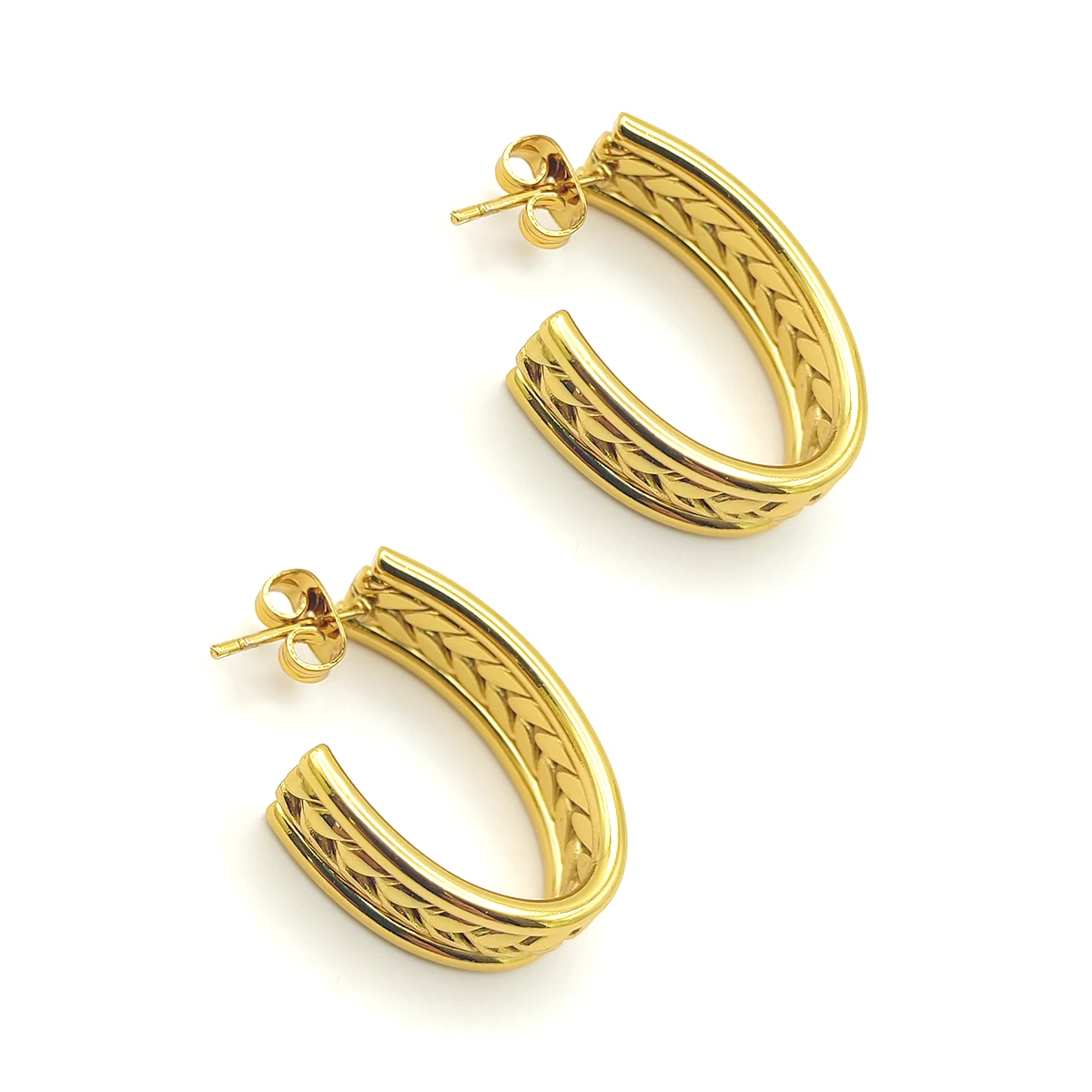 Aretes Acero Inox Dorado Arracadas Ovales Trenza Central