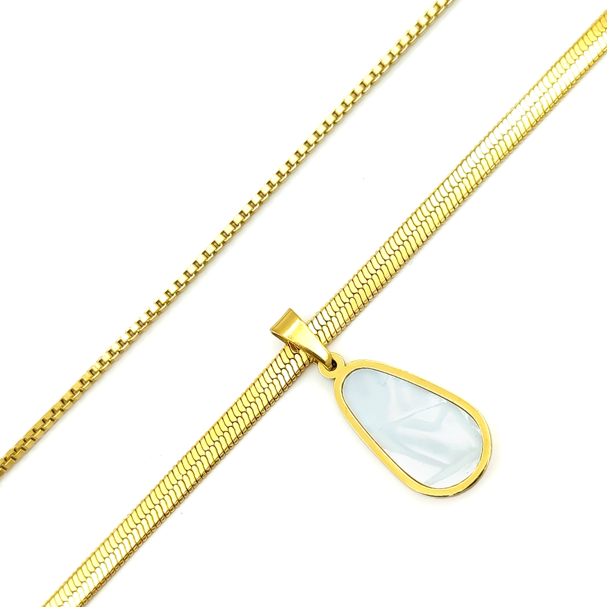 Collar Acero Dorado Doble Cadena Dije Gota Madre Perla