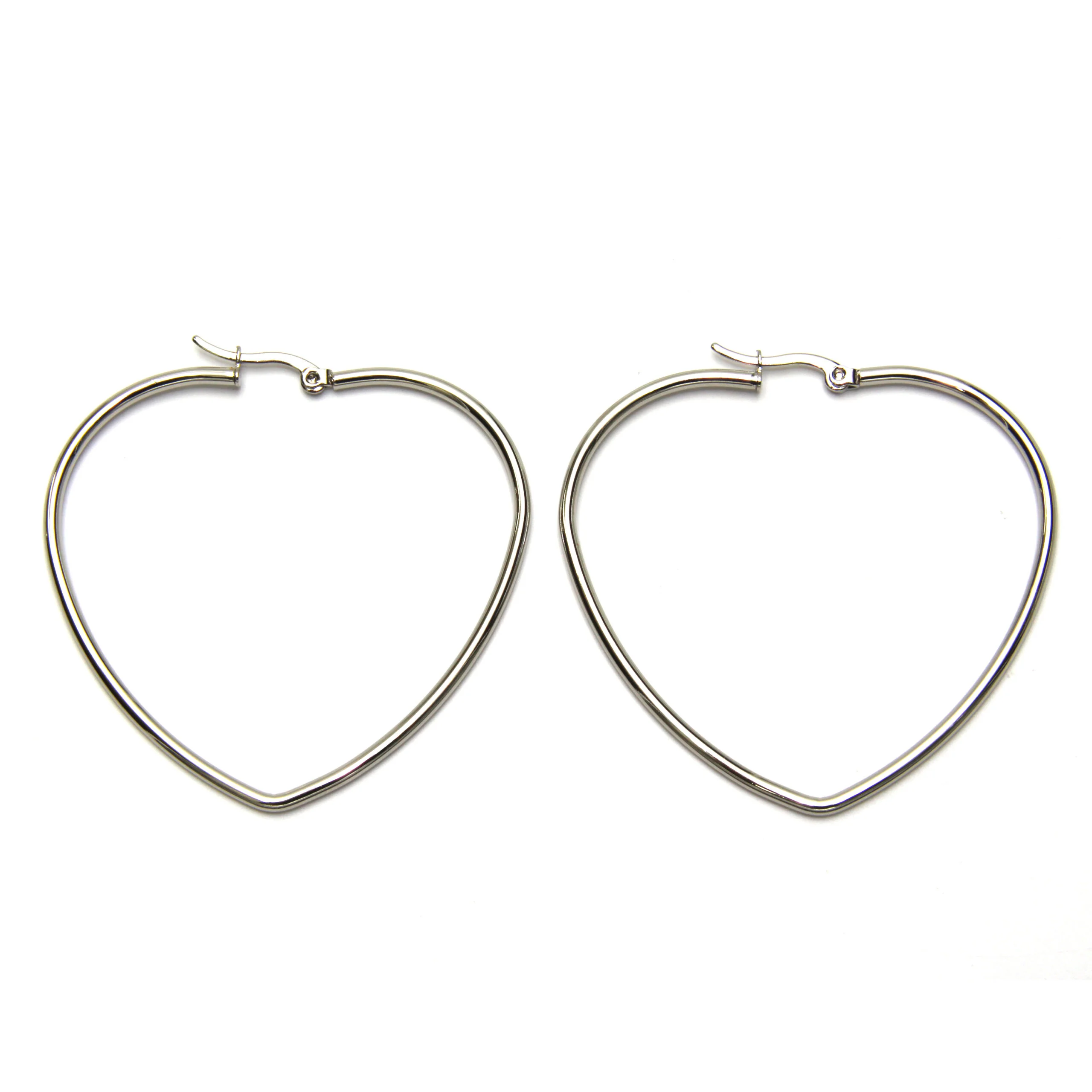 Aretes Acero Plateado Arracadas Corazón Tubular Liso 52mm