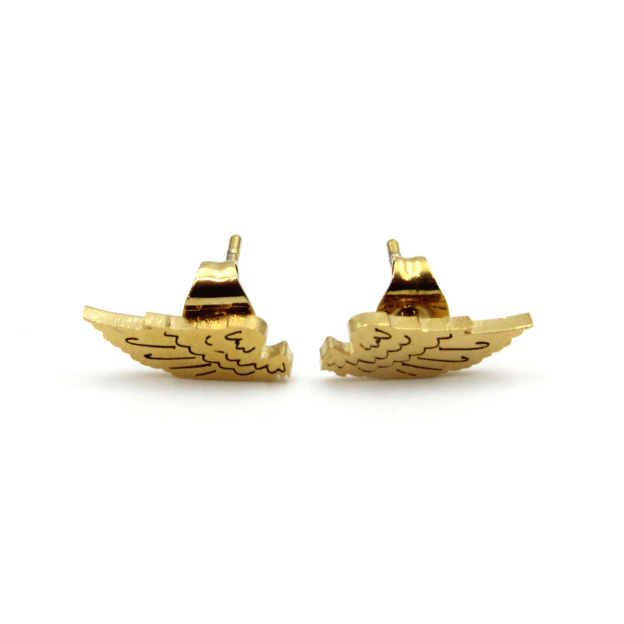 Aretes Tipo Broquel Acero Dorado Alas Ángel