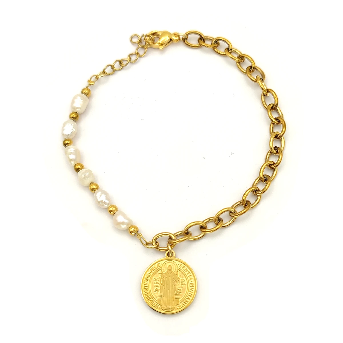 Pulsera Acero Dorado Medalla San Benito  Perlas Naturales