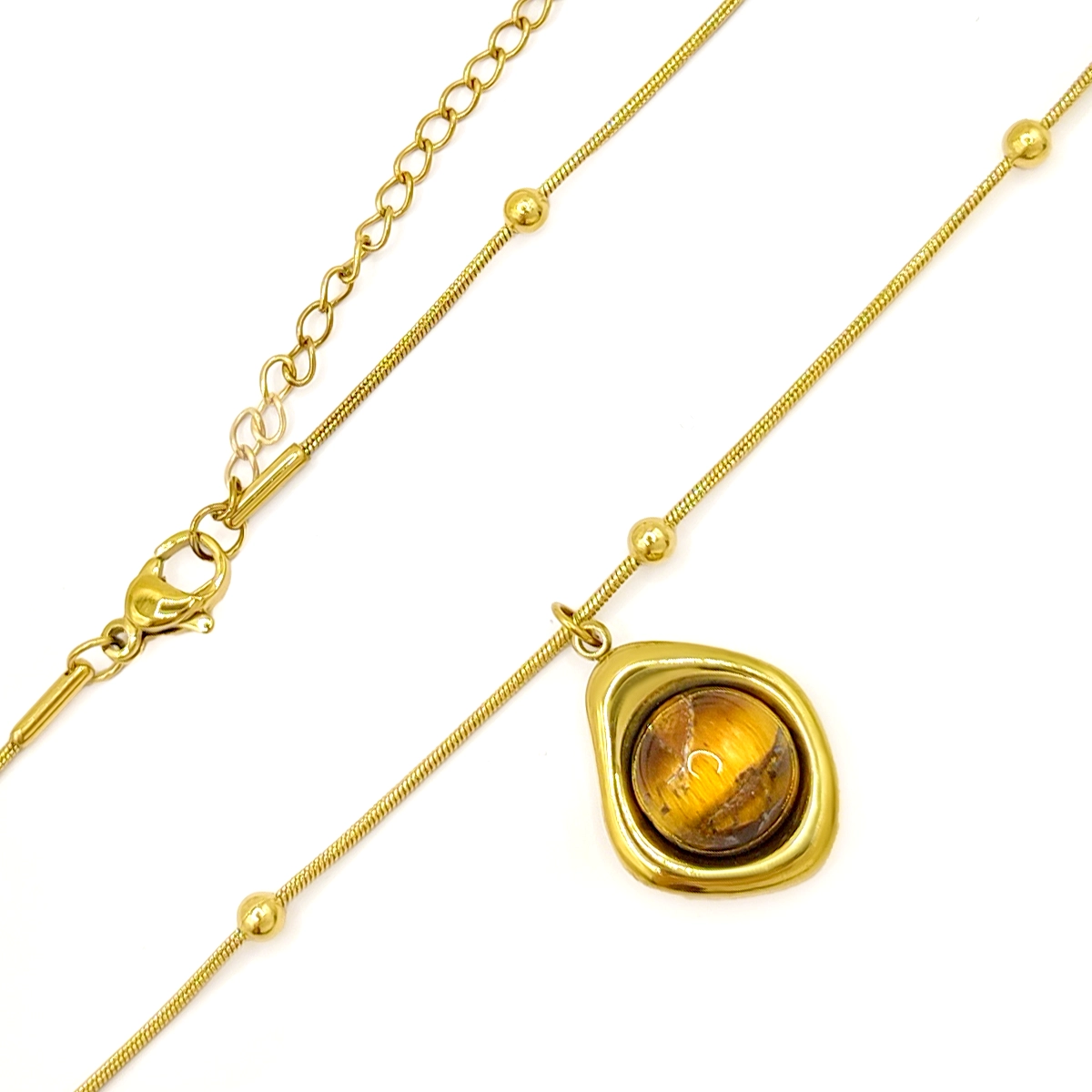 Collar Acero Dorado Balines Marco Irregular Ojo de Tigre