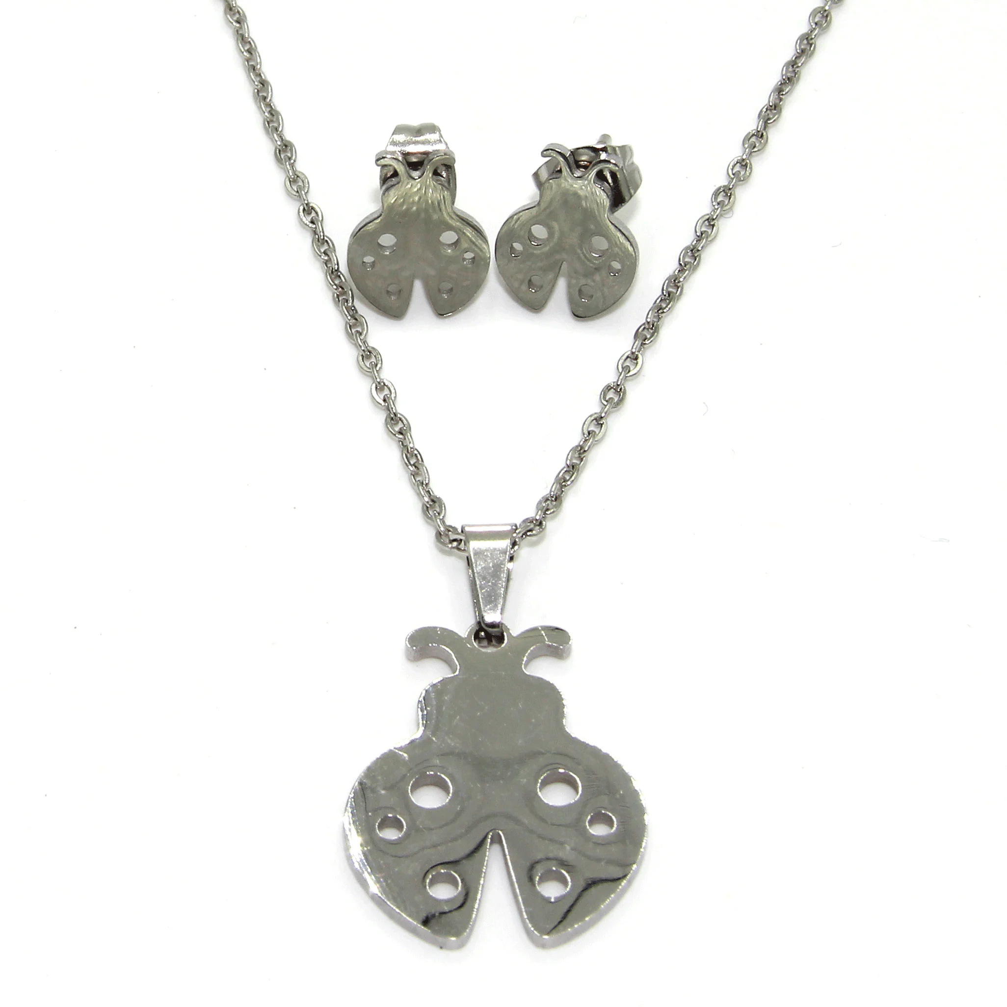 Set Joyeria Acero Plateado Mariquita Catarina Primaveral