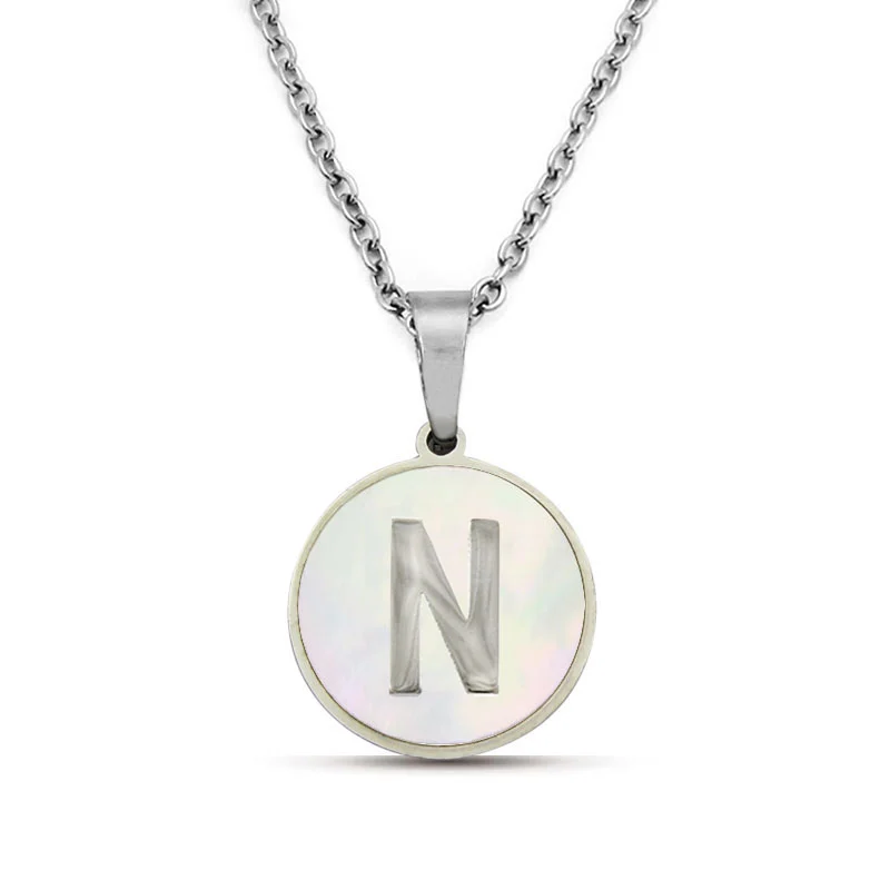 Collar Acero Plateado Circular Letra N Madre Perla