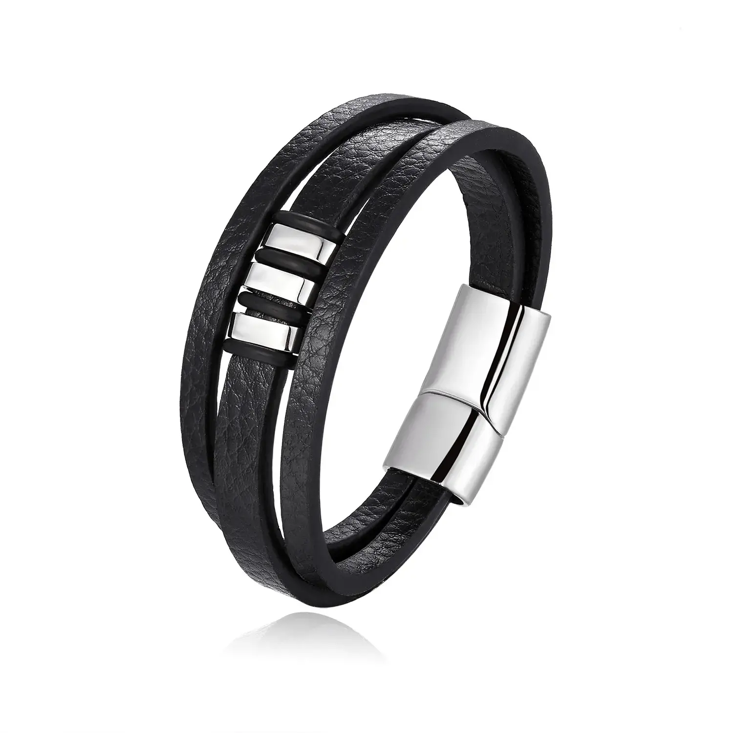 Pulsera Acero Plateado Piel Triple Cuentas Rectangulares