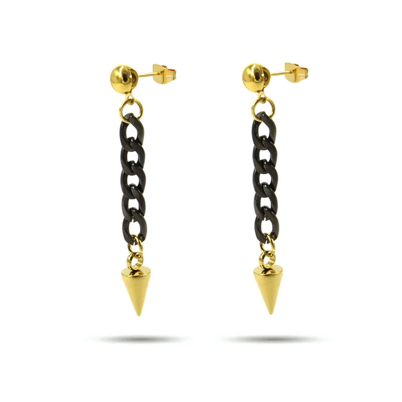 Aretes Acero Cadena Larga Negra Punta Pendular Dorado