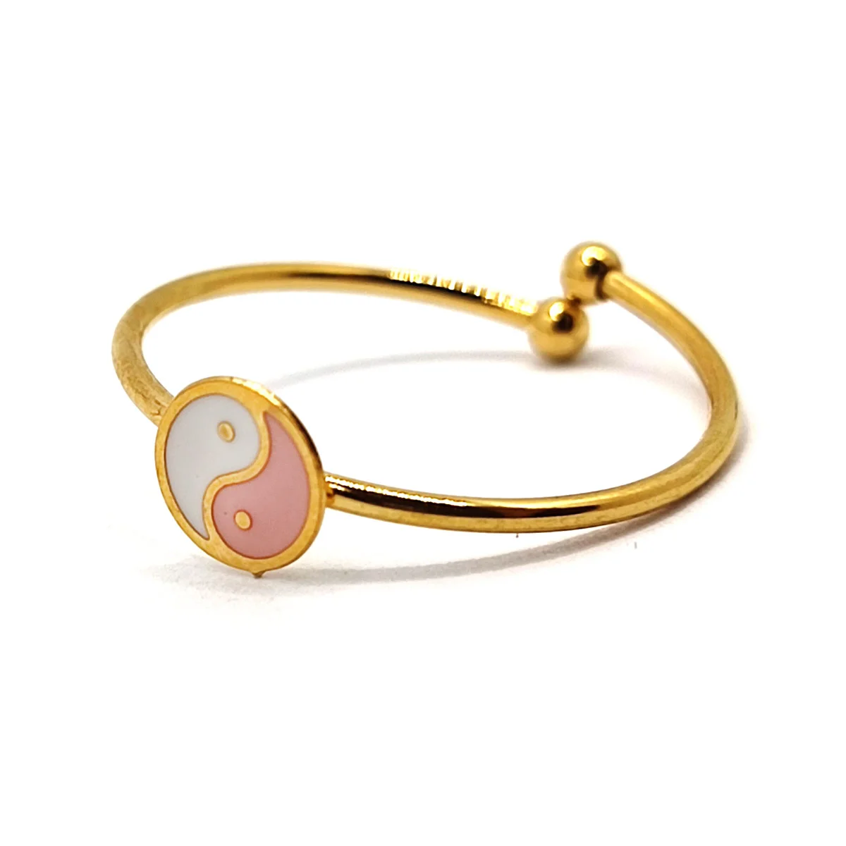 Anillo Acero Dorado Slim Delgado Yin Yang Rosa Ajustable