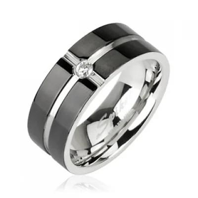 Anillo de Acero Plata y Negro Diseño Cruz Lujo Zirconia