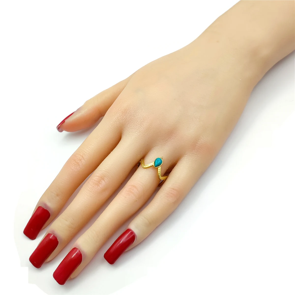 Anillo Acero Inox Dorado Ajustable Slim Zig Zag Turquesa