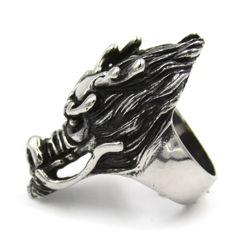 Anillo Acero Plateado Dragón Oriental Legendario
