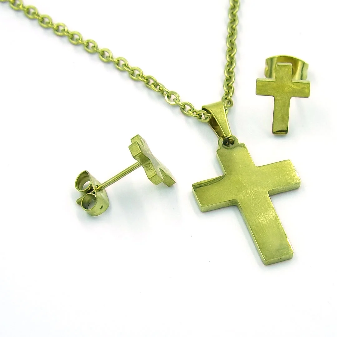 Set Joyería Acero Dorado Collar Aretes Cruz Lisa Tradicional
