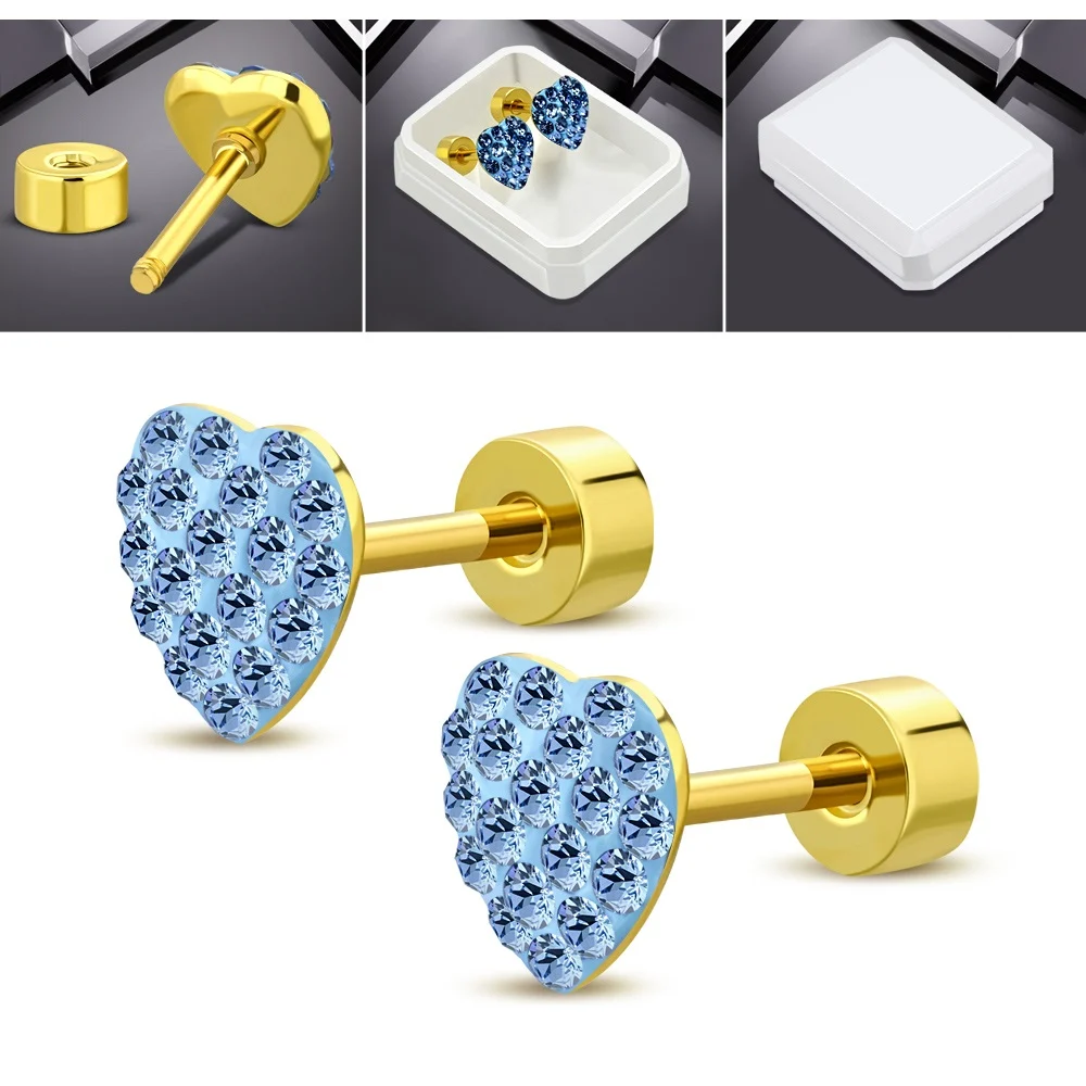 Aretes Acero Dorado Broquel Corazon Azul Broche Plano