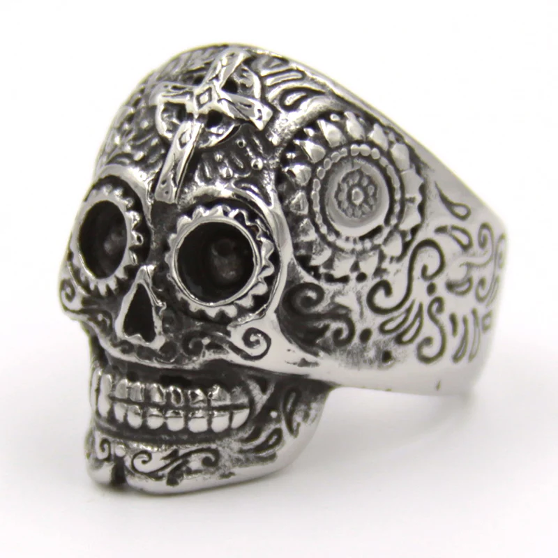 Anillo Acero Plateado Catrina Cruz Frente Chica