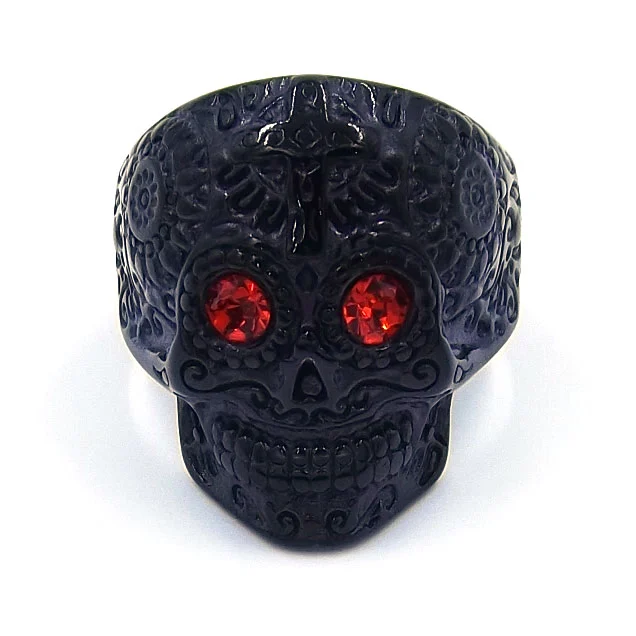 Anillo Acero Negro Calavera Catrina Ojos de Ruby