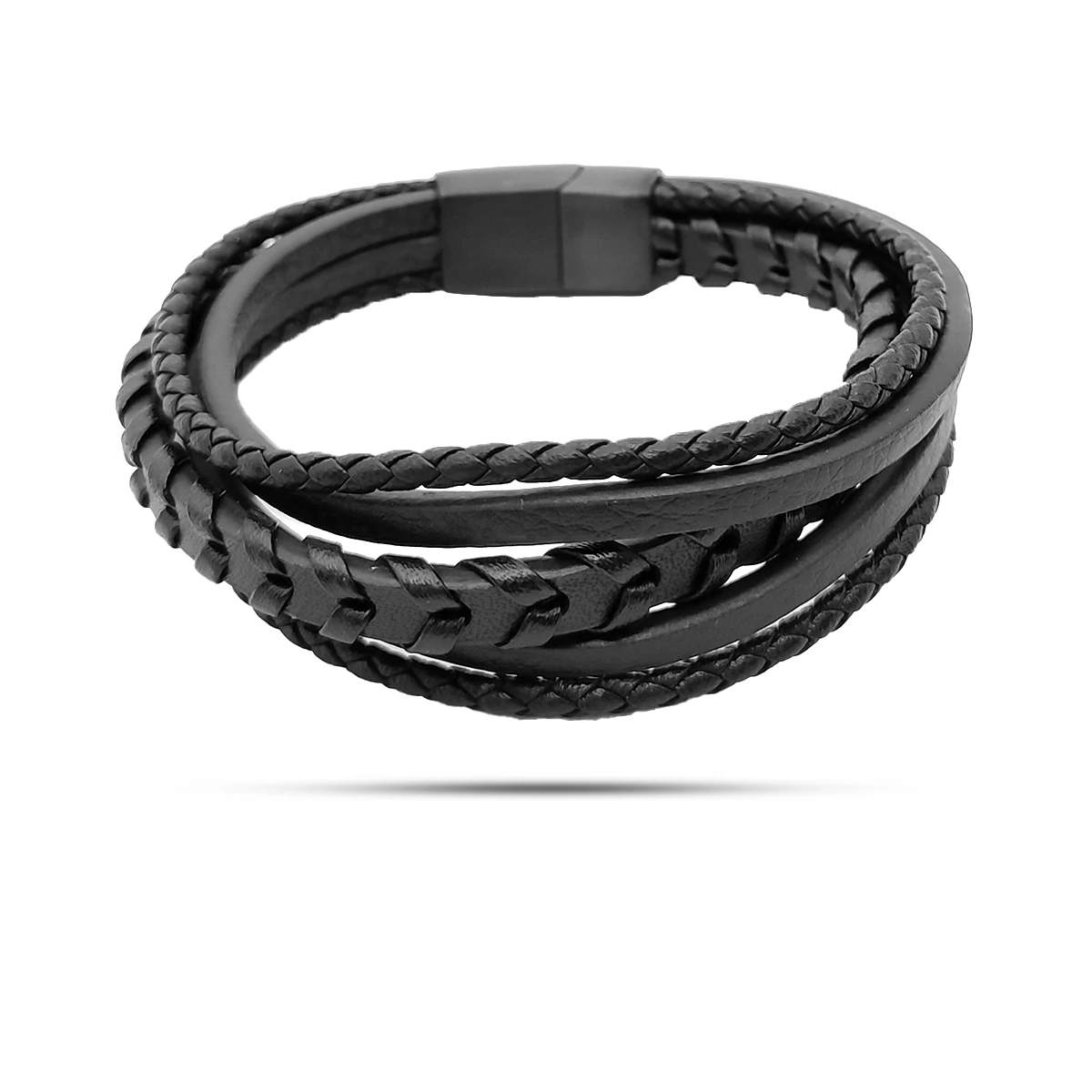 Pulsera Acero Piel Negra Cinco Tiras Tejidas y Lisa