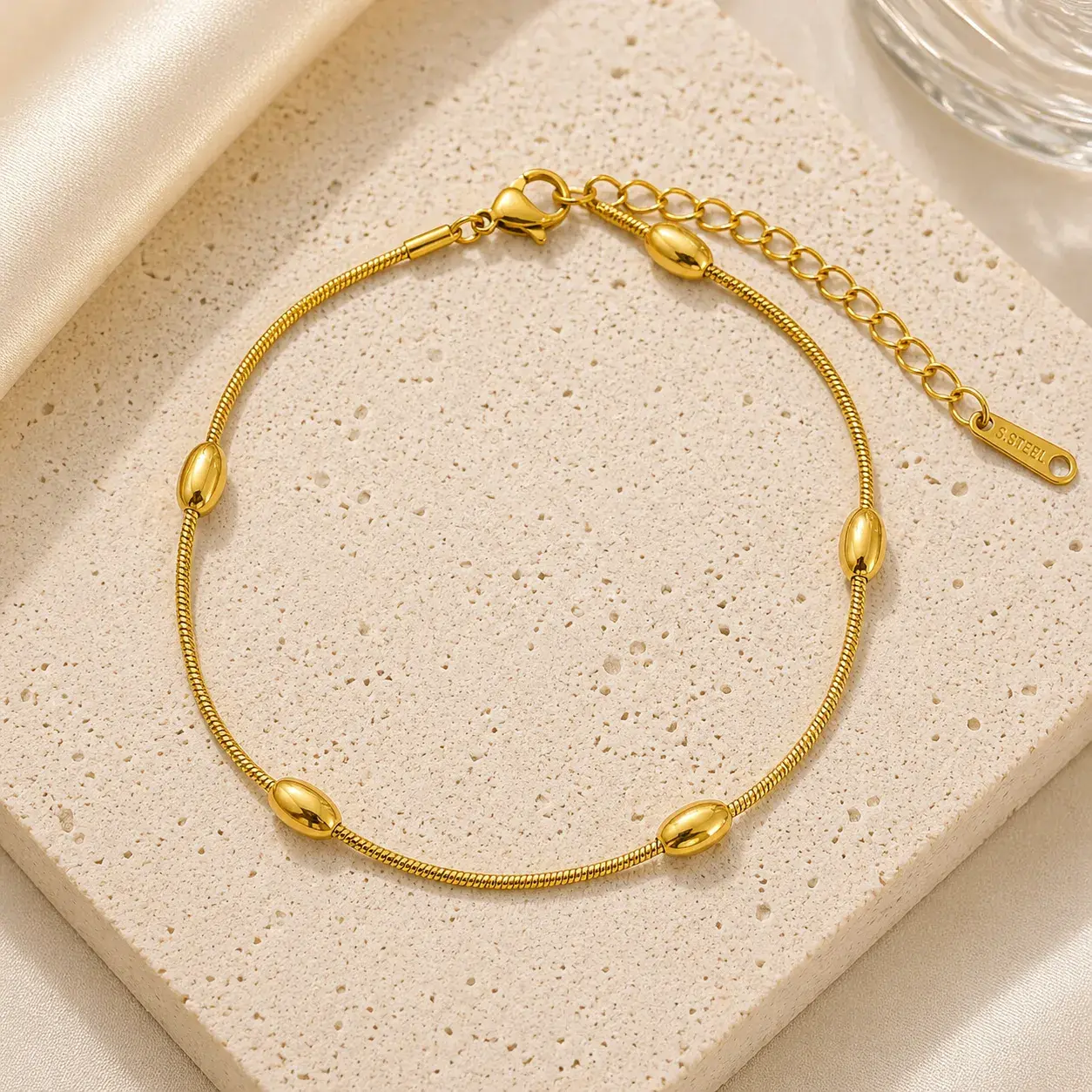 Tobillera Acero Dorado Cola de Rata Barriles Sencilla