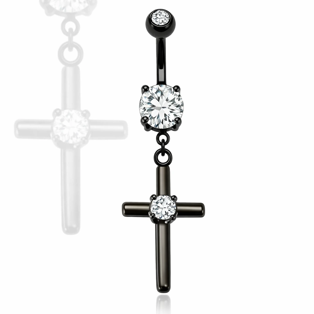 Piercing para ombligo Negro Diseño Cruz Dark con Zirconia
