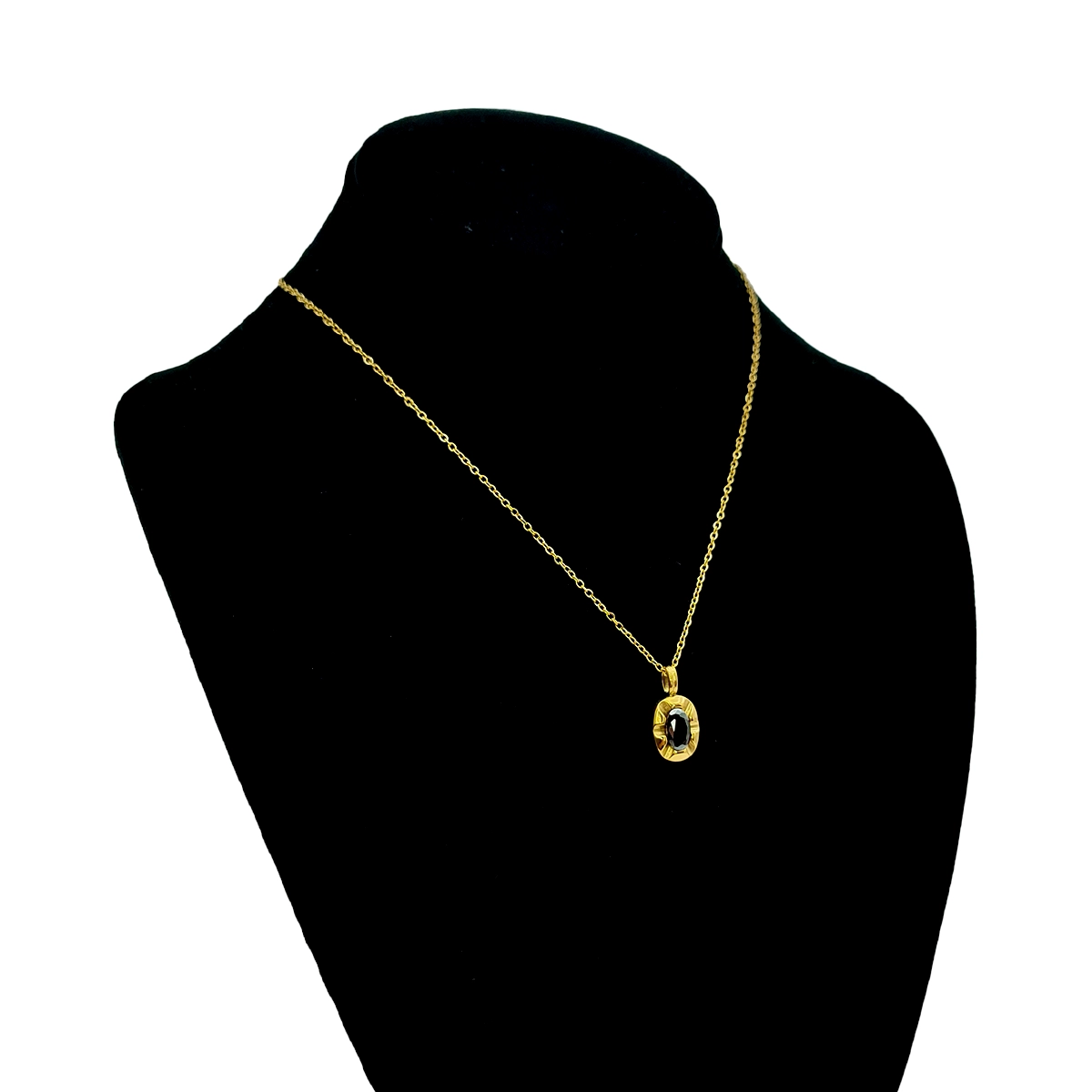 Collar Acero Dorado Zirconia Cubica Negra Oval Enmarcada