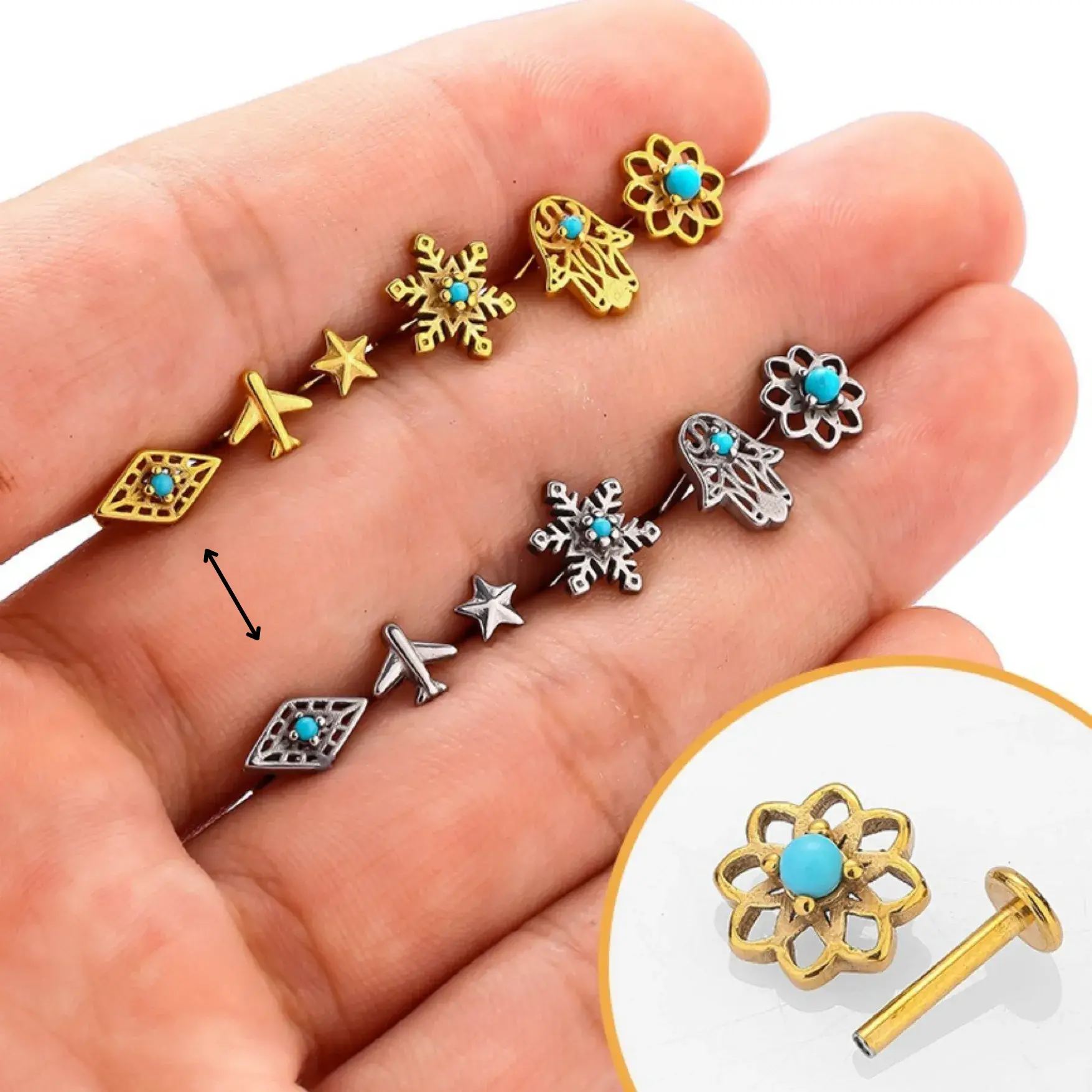 Piercing de Oreja Acero Rombo Geométrico Piedra Turquesa