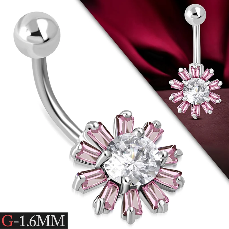 Piercing Para Ombligo Acero Zirconias Flor Rosa Claro